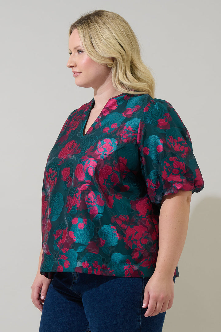 Kaelani Jacquard Tavia Split Neck Top Curve