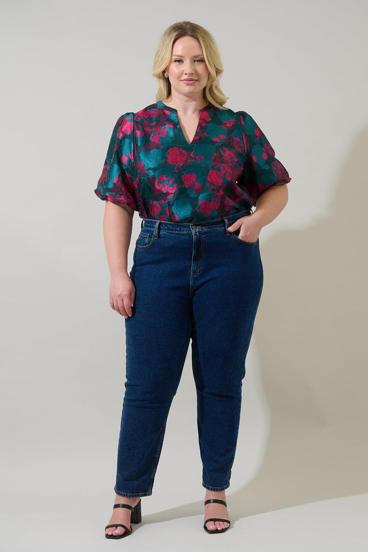 Kaelani Jacquard Tavia Split Neck Top Curve