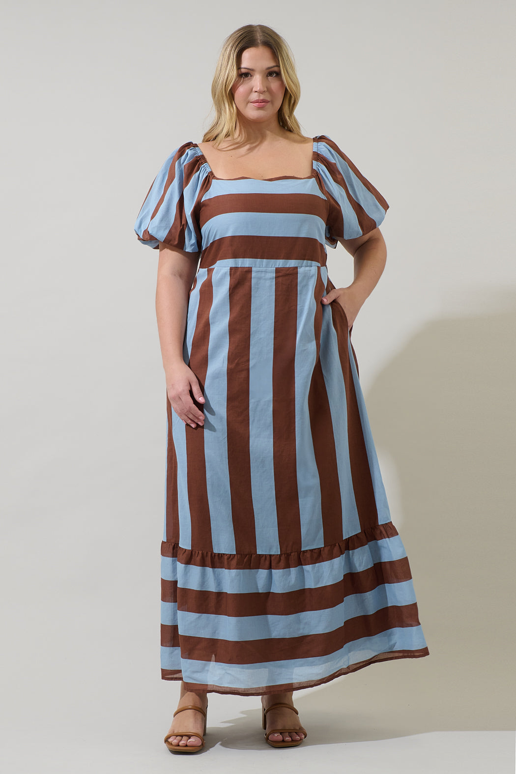 Evabelle Stripe Xena Puff Sleeve Maxi Dress Curve