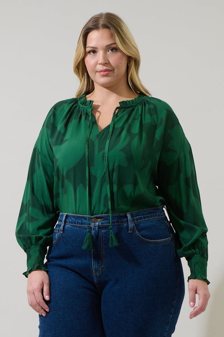 Benti Abstract Weylin Split Neck Tassel Blouse Curve