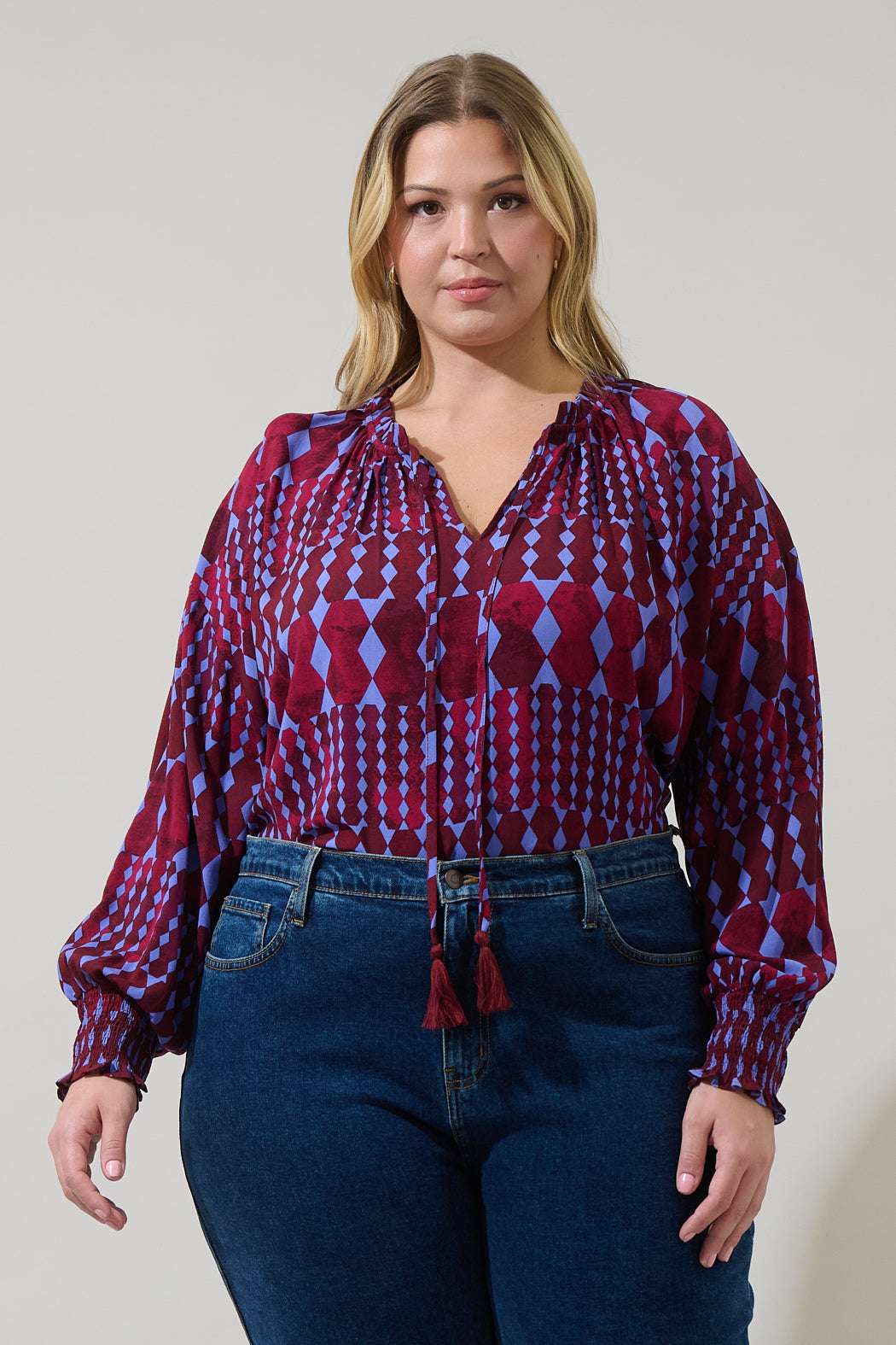 Ramsay Abstract Weylin Split Neck Tassel Blouse Curve