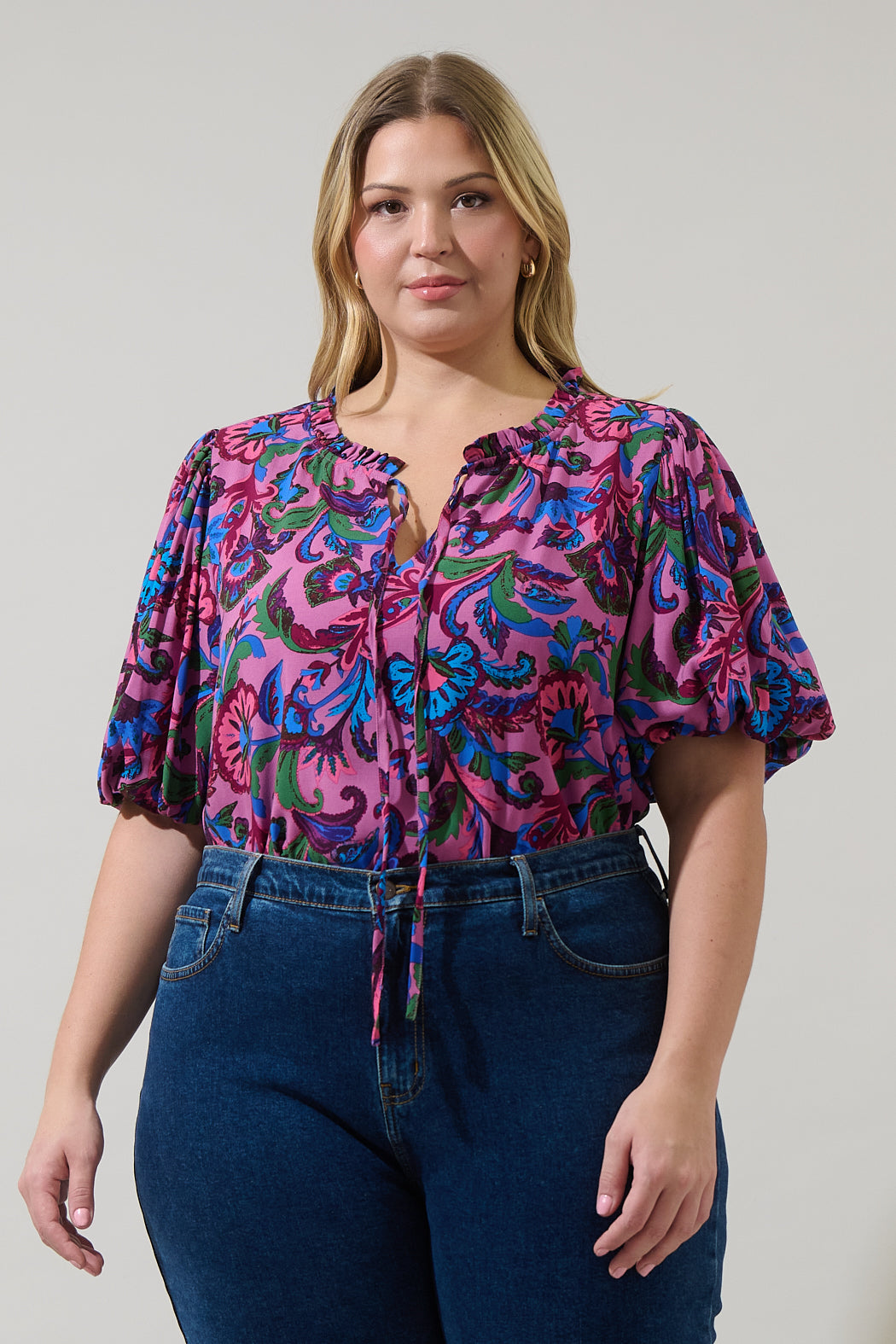 Valier Floral Bluebay Puff Sleeve Blouse Curve