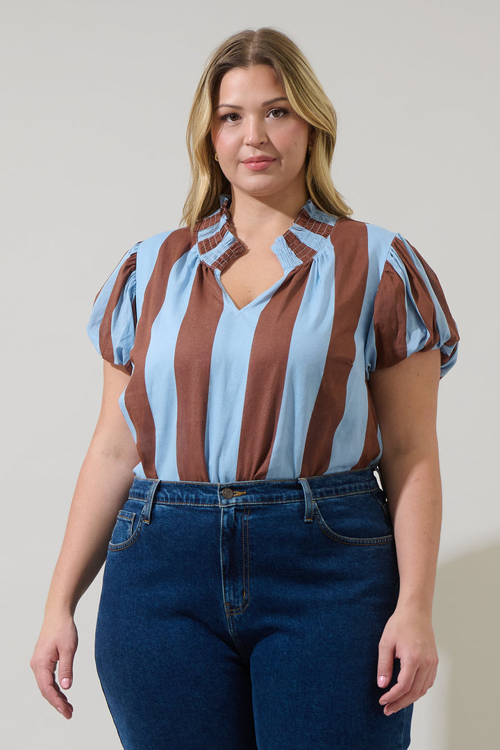 Evabelle Stripe Poly Smocked Top Curve