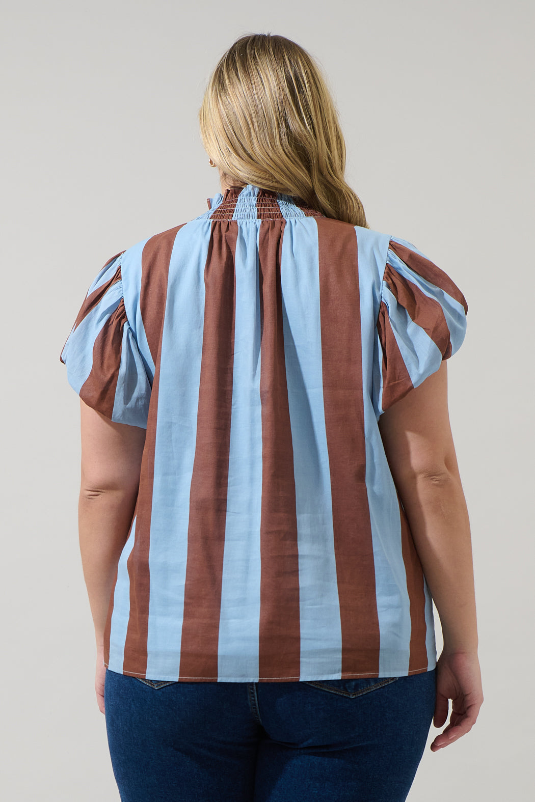 Evabelle Stripe Poly Smocked Top Curve