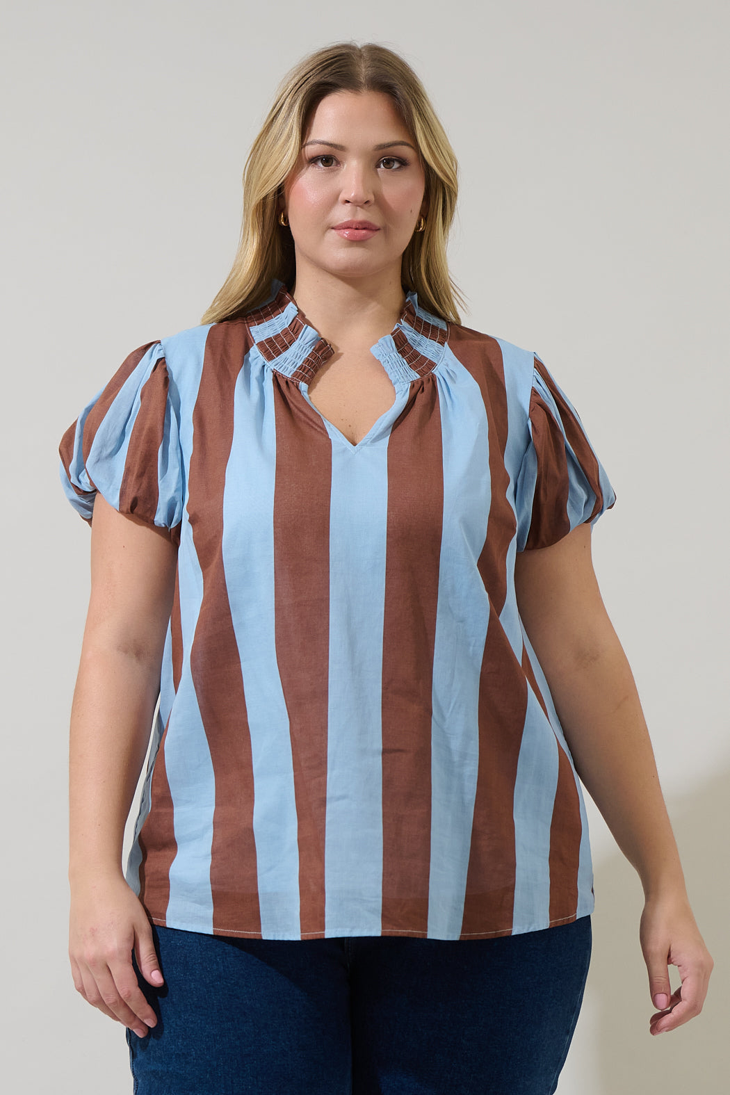 Evabelle Stripe Poly Smocked Top Curve