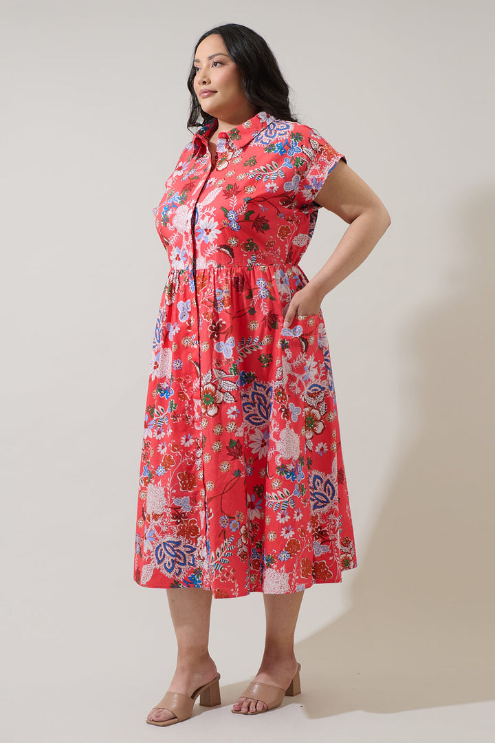 Oreanna Floral Grenola Button Up Midi Dress Curve