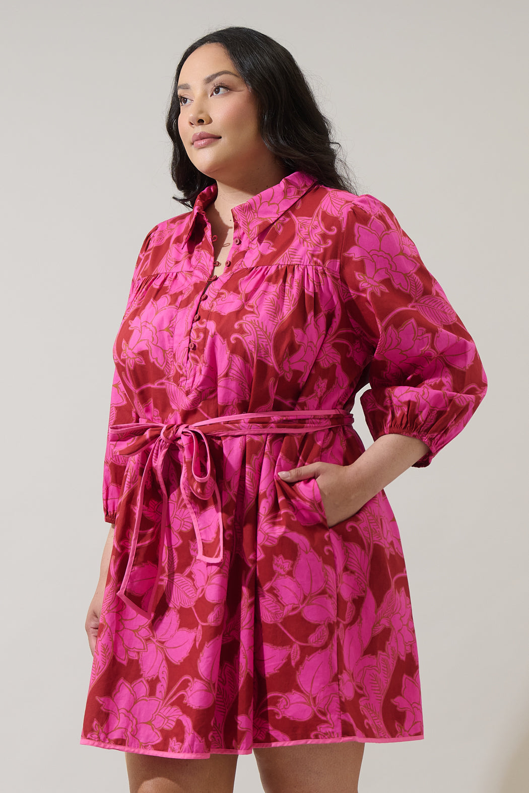 Craney Floral Ravan Collared Mini Dress Curve