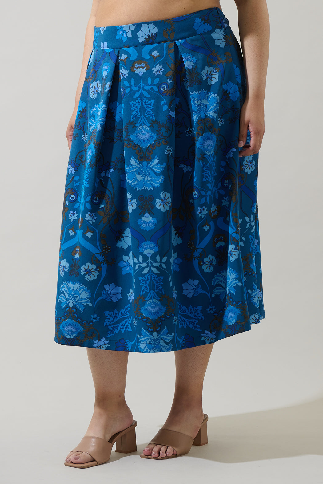 Palmate Floral Pleated Midi Skirt Curve