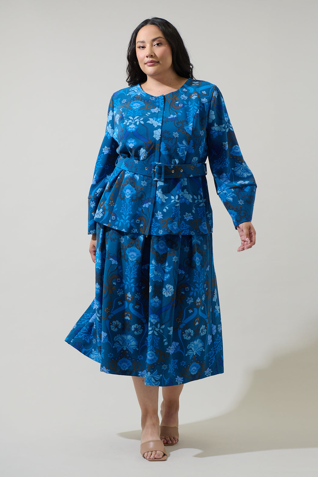 Palmate Floral Pleated Midi Skirt Curve