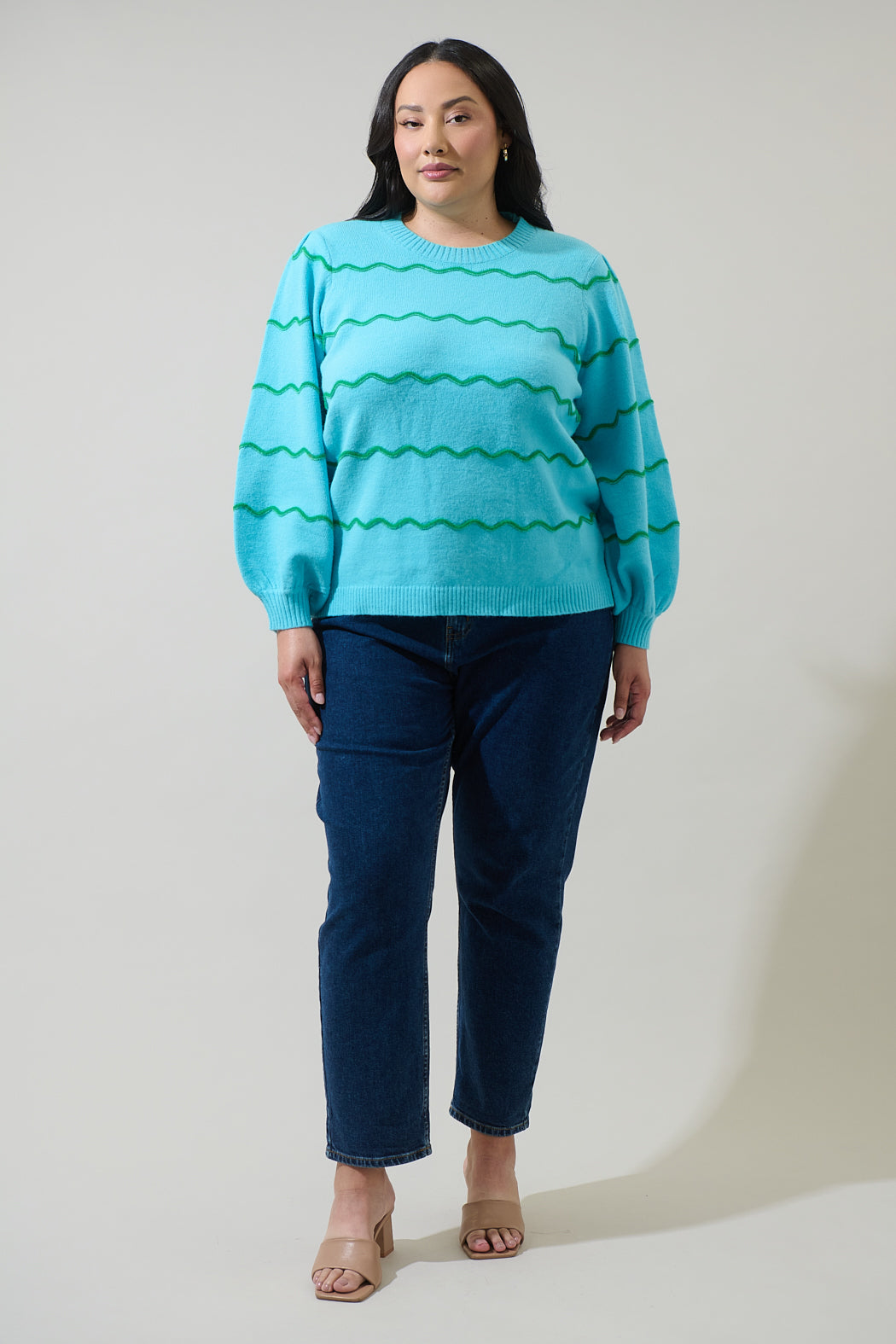 Maeverly Wavy Stripe Balloon Sleeve Sweater Curve