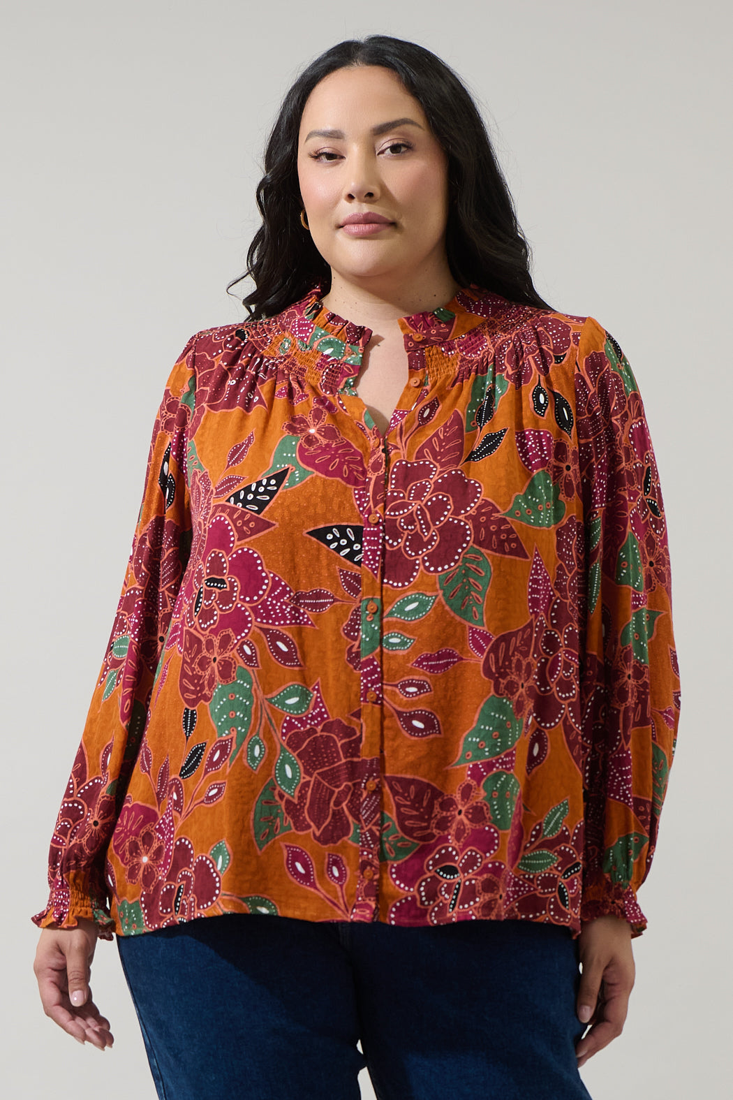 Marven Floral Merlie Button Down Top Curve