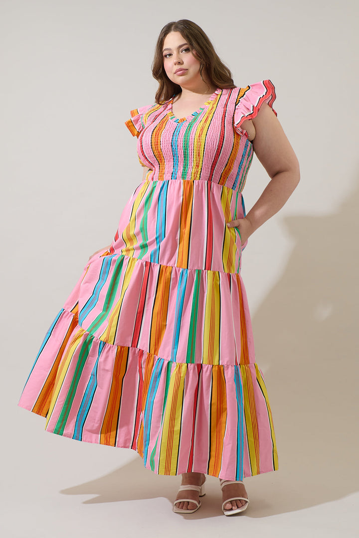 Viya Stripe Sunfire Tiered Midi Dress Curve