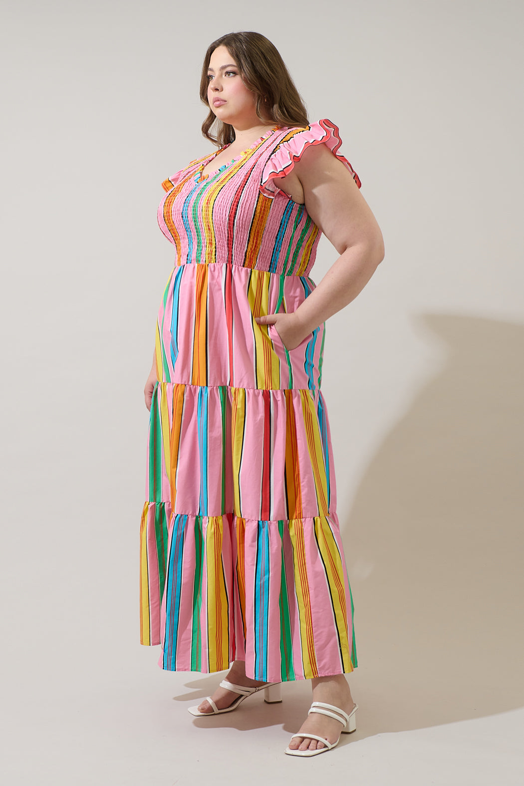 Viya Stripe Sunfire Tiered Midi Dress Curve