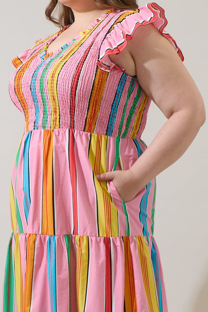 Viya Stripe Sunfire Tiered Midi Dress Curve