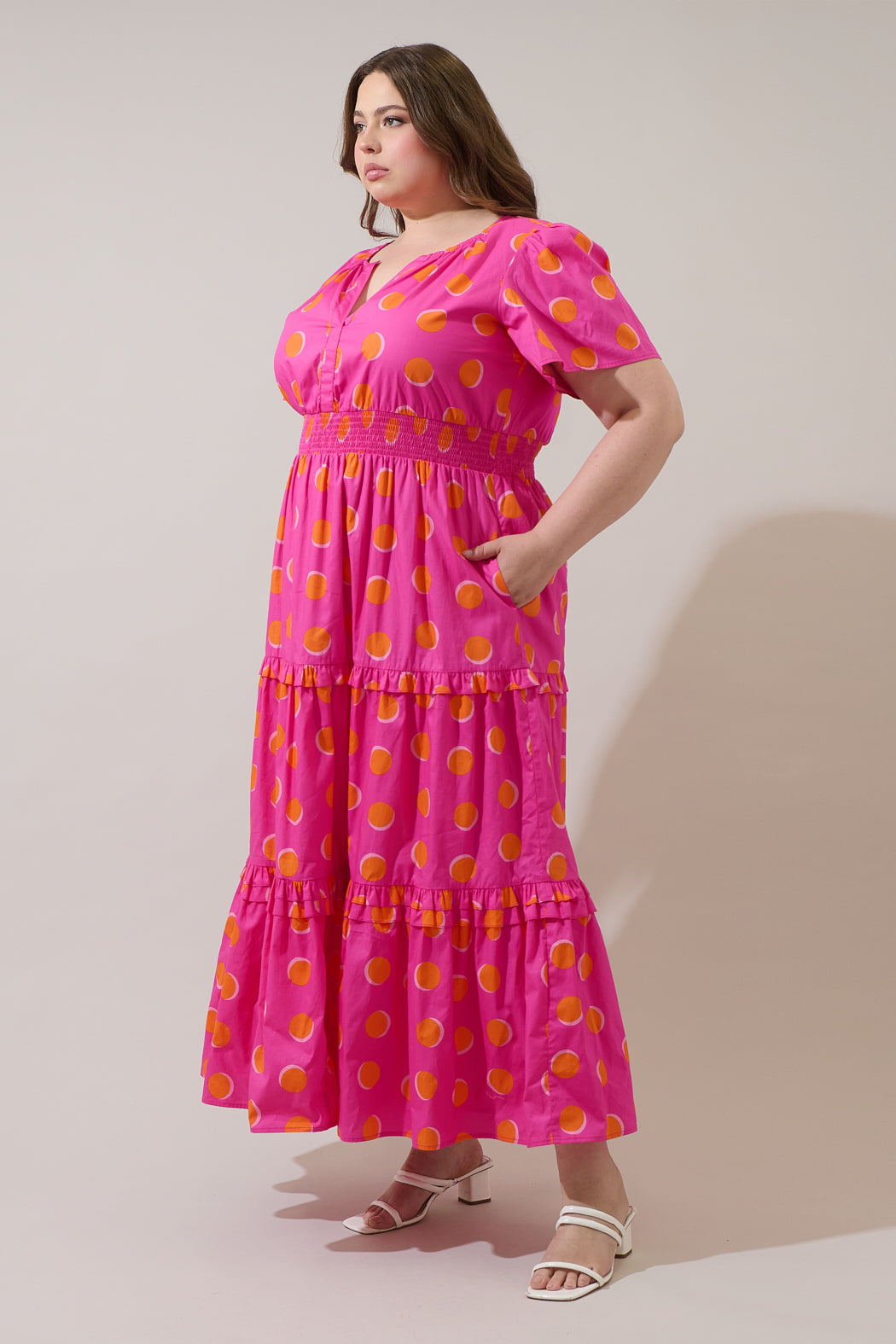 Rosy Polka Dot Palmer Poplin Tiered Maxi Dress Curve