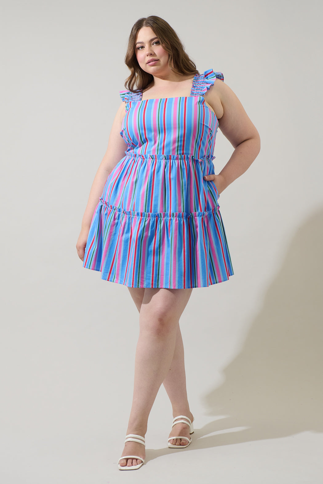 Jaimie Stripes Ruffle Tiered Mini Dress Curve
