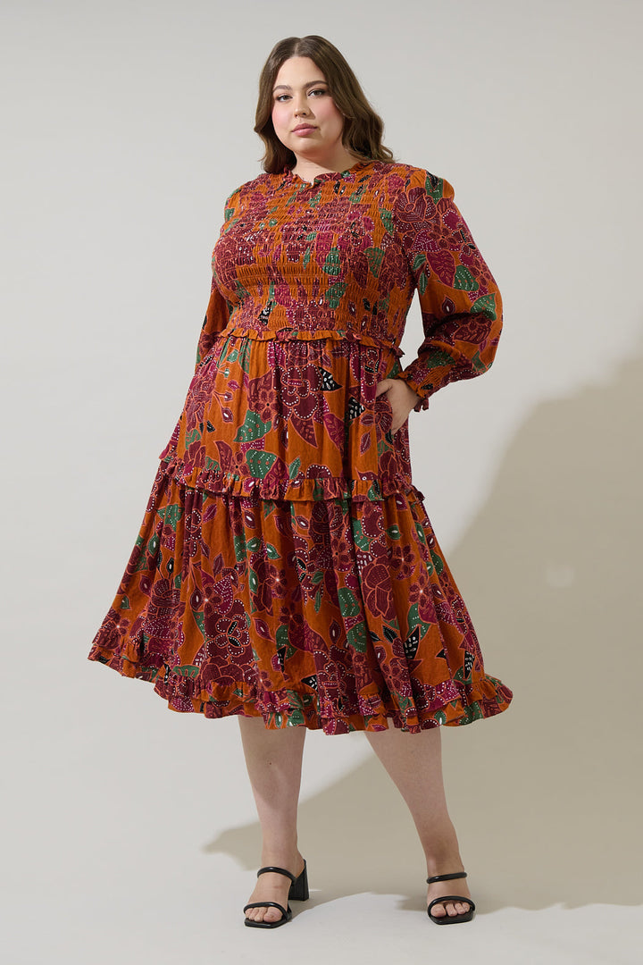 Marven Floral Seldy Smocked Midi Dress Curve