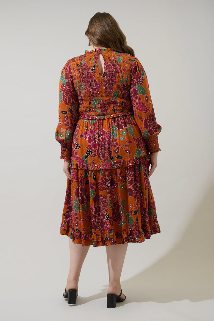 Marven Floral Seldy Smocked Midi Dress Curve