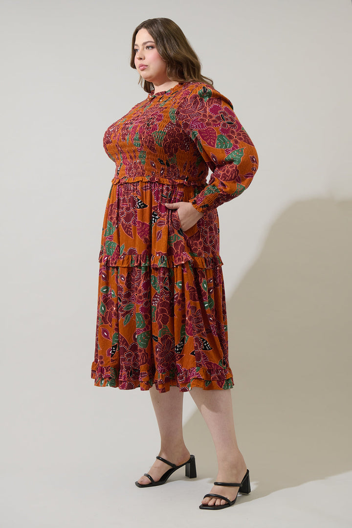 Marven Floral Seldy Smocked Midi Dress Curve