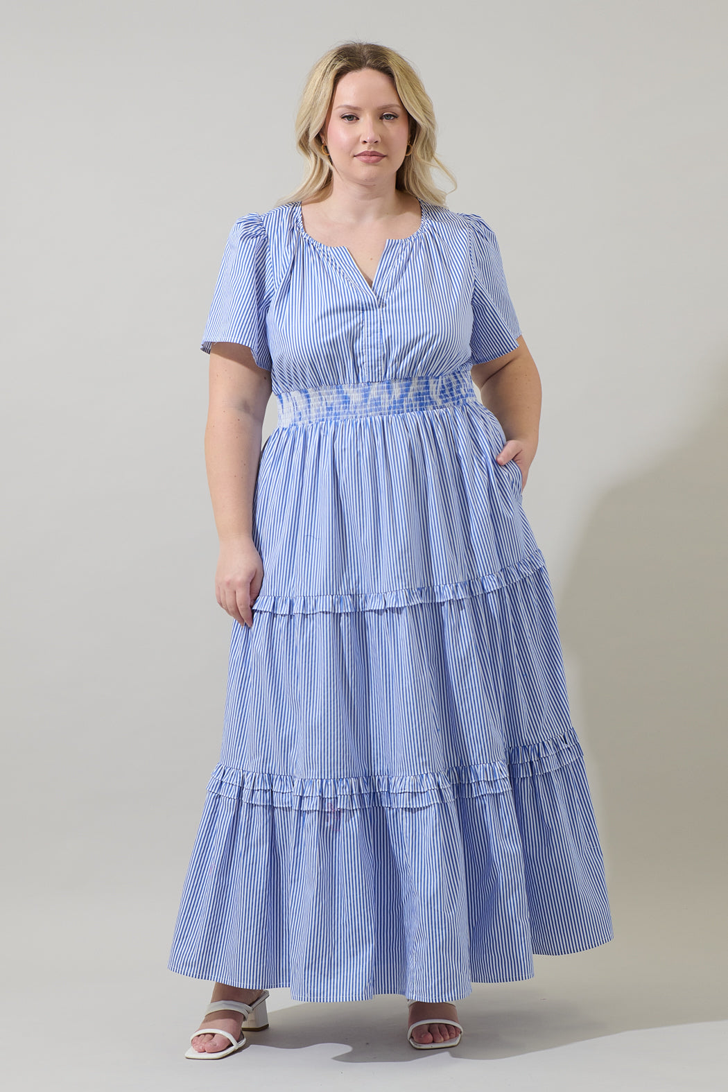 Sherah Striped Palmer Poplin Tiered Maxi Dress Curve
