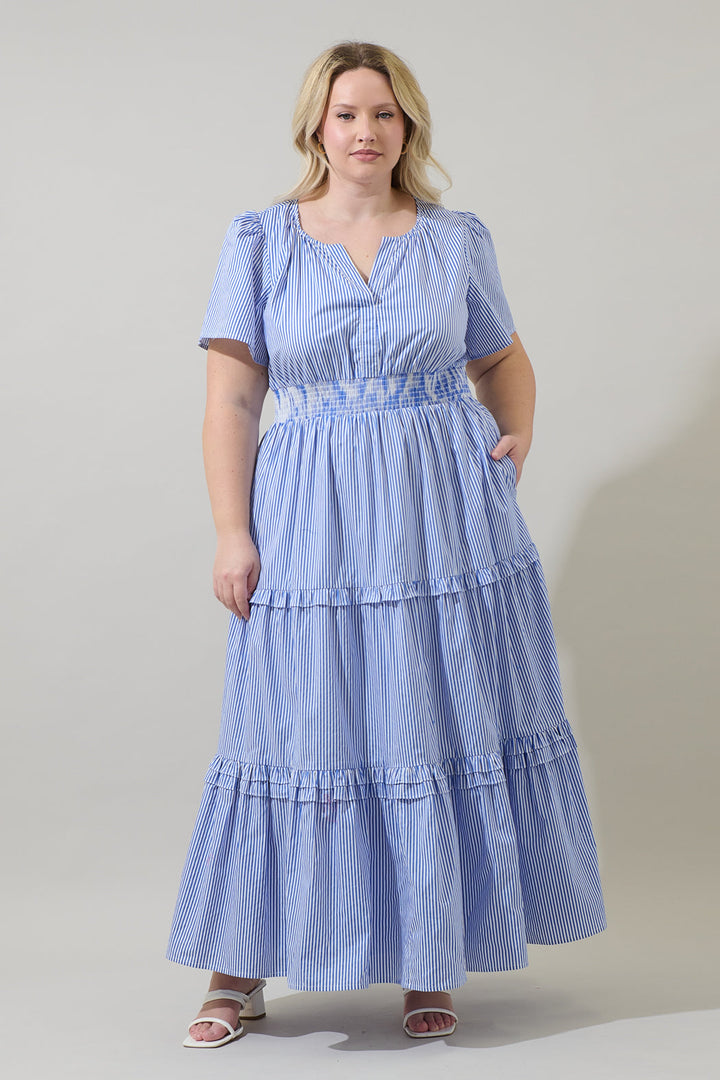 Sherah Striped Palmer Poplin Tiered Maxi Dress Curve