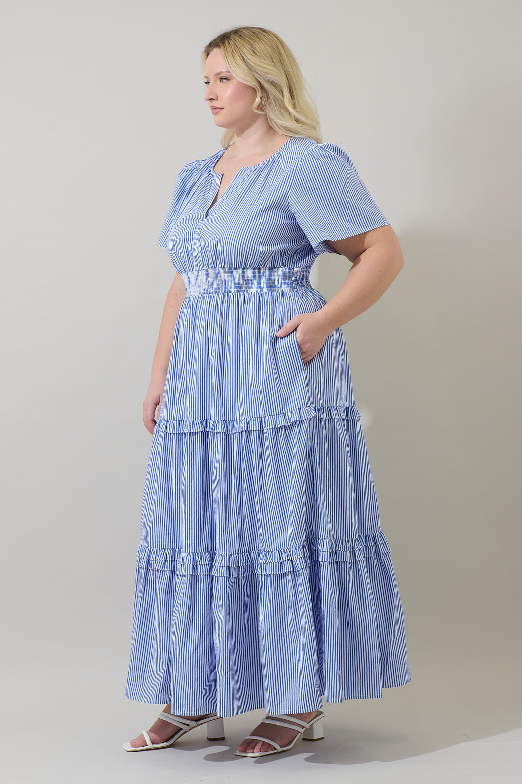 Sherah Striped Palmer Poplin Tiered Maxi Dress Curve