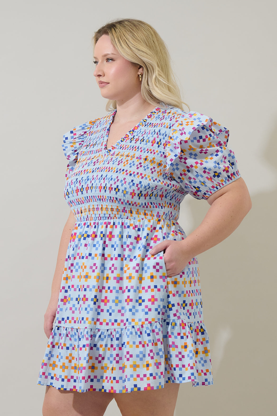 Kessa Geo Leones Smocked Mini Dress Curve