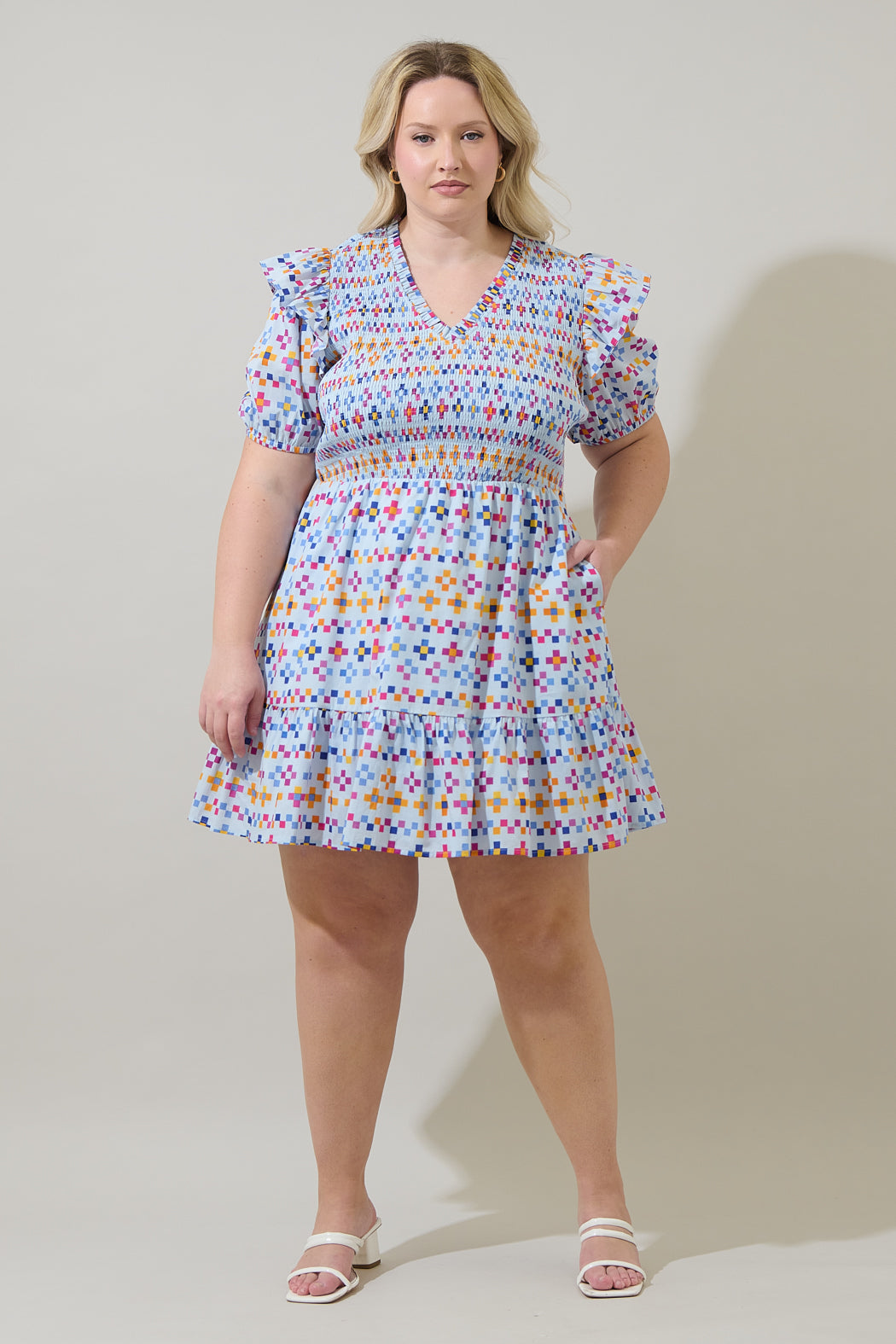 Kessa Geo Leones Smocked Mini Dress Curve
