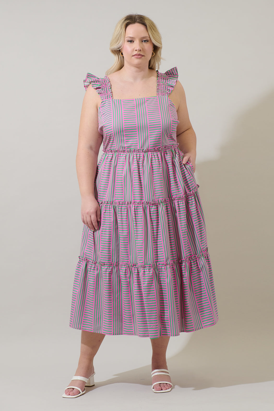Valda Striped Aurie Tiered Midi Dress Curve