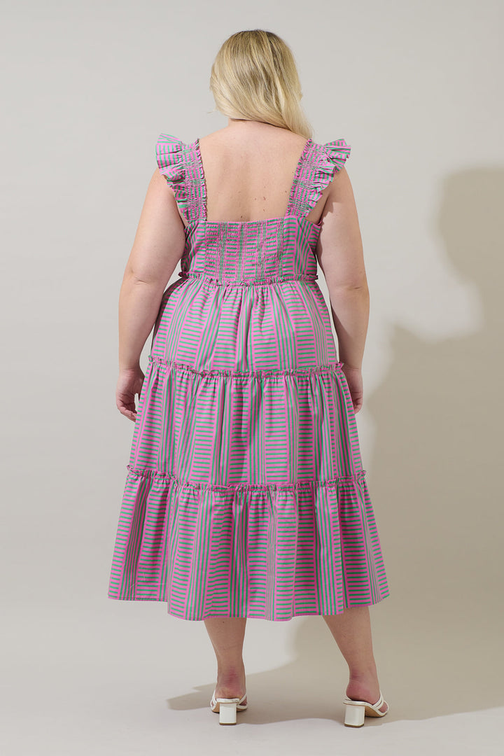 Valda Striped Aurie Tiered Midi Dress Curve