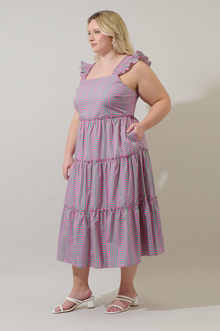Valda Striped Aurie Tiered Midi Dress Curve