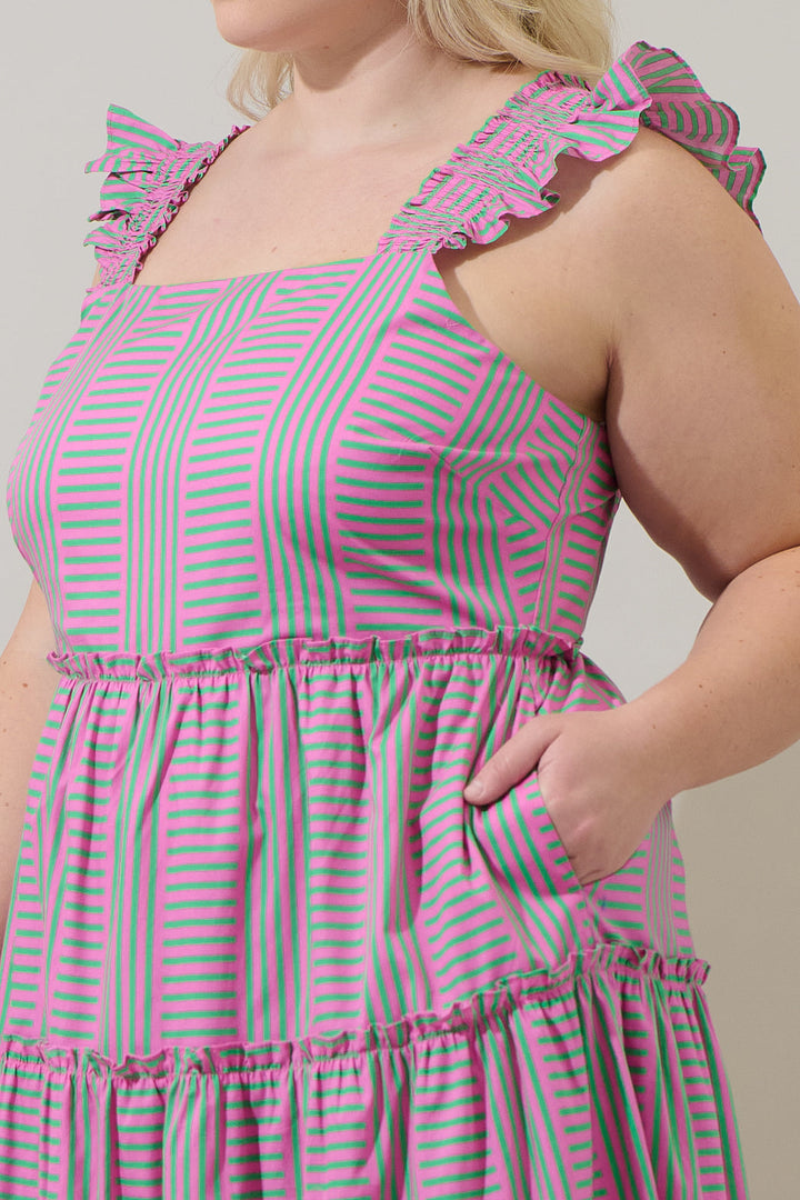 Valda Striped Aurie Tiered Midi Dress Curve