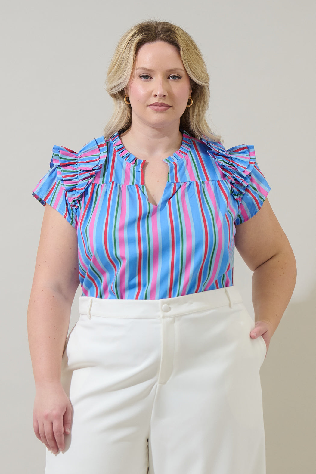 Jaimie Stripes Ramona Ruffle Split Neck Top Curve