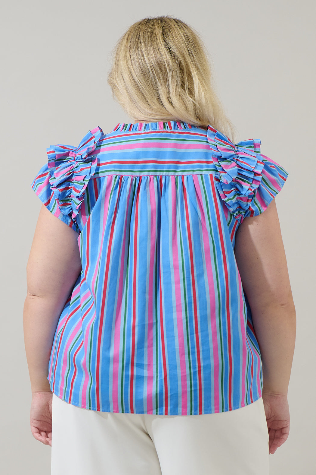 Jaimie Stripes Ramona Ruffle Split Neck Top Curve