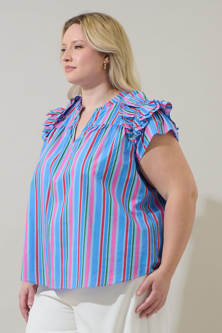 Jaimie Stripes Ramona Ruffle Split Neck Top Curve