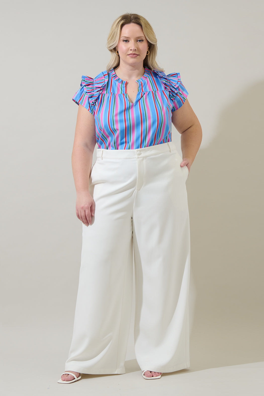 Jaimie Stripes Ramona Ruffle Split Neck Top Curve