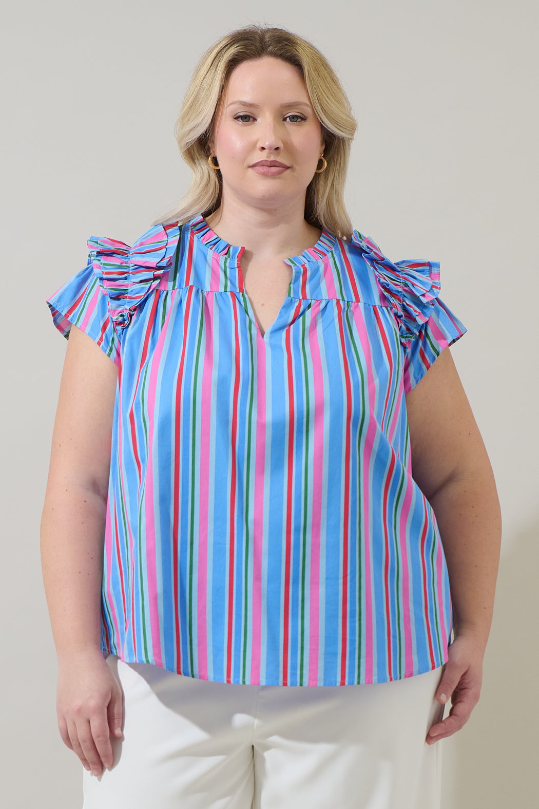 Jaimie Stripes Ramona Ruffle Split Neck Top Curve
