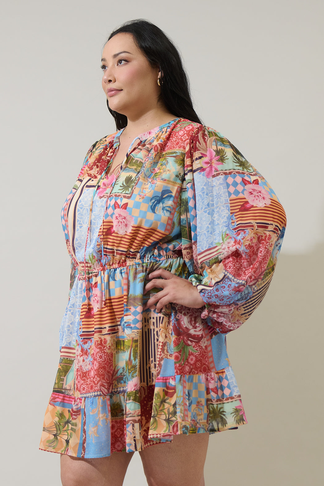 Melani Tropical Paxton Balloon Sleeve Mini Dress Curve