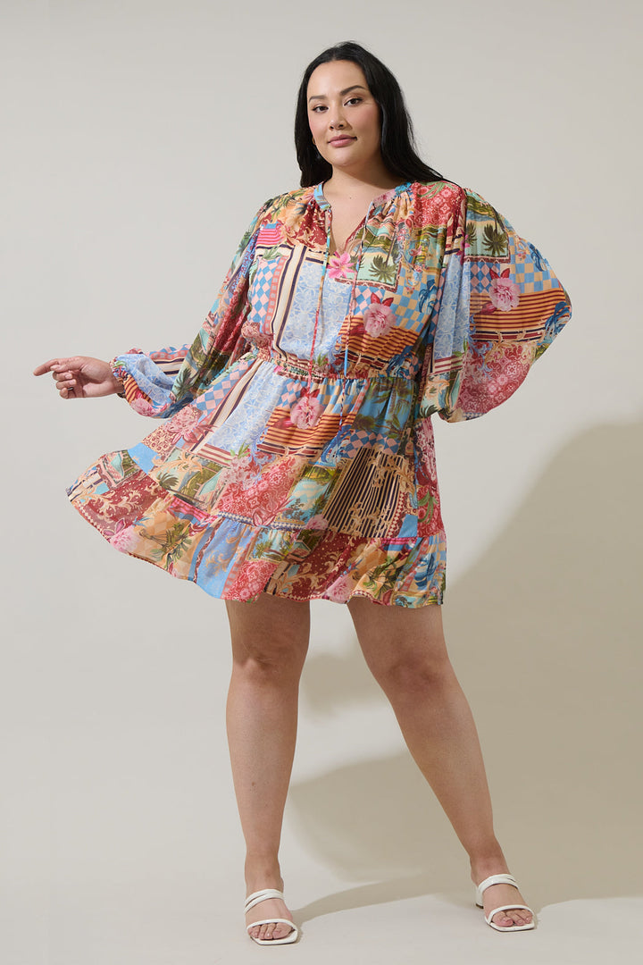 Melani Tropical Paxton Balloon Sleeve Mini Dress Curve