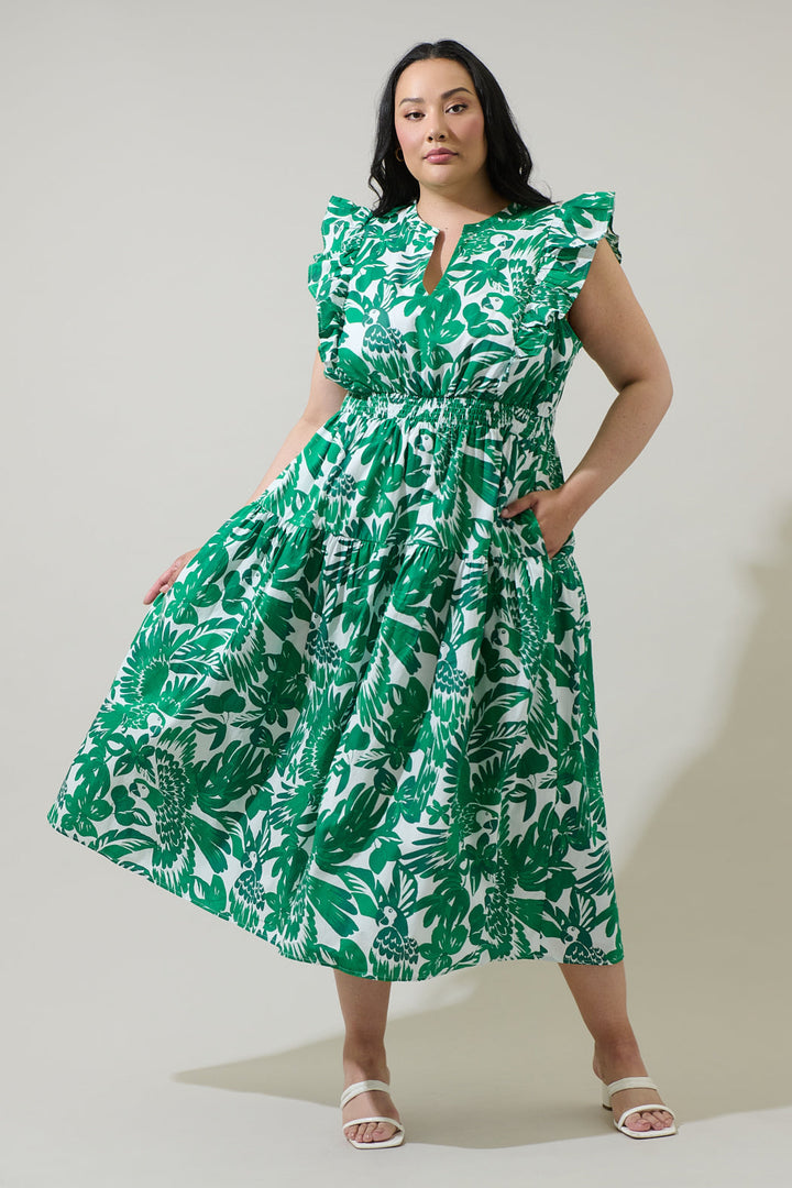 Masey Tropical Virna Ruffle Midi Dress Curve