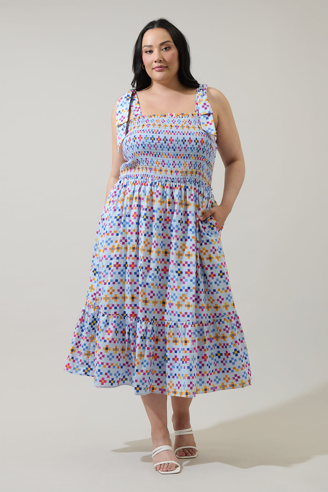Kessa Geo Mitzy Smocked Midi Dress Curve