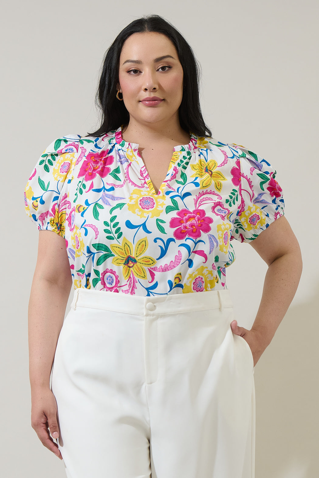 Kress Floral Berisa Split Neck Top Curve