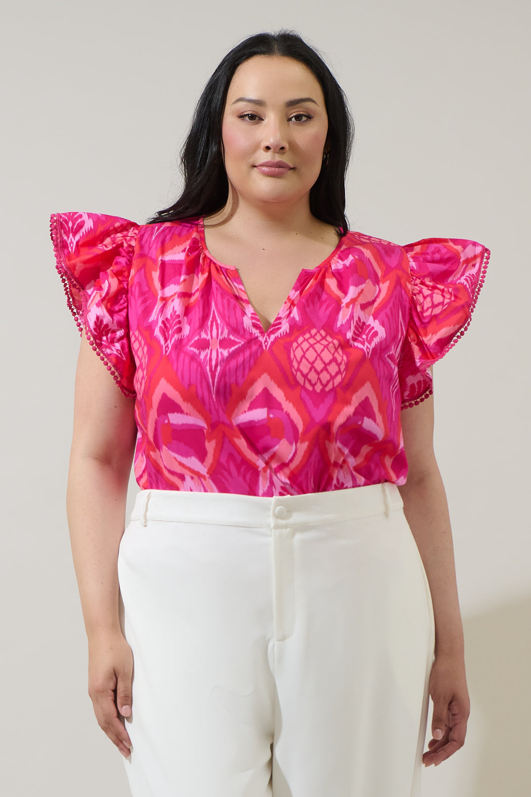Prissa Ikat Carya Ruffle Poplin Top Curve