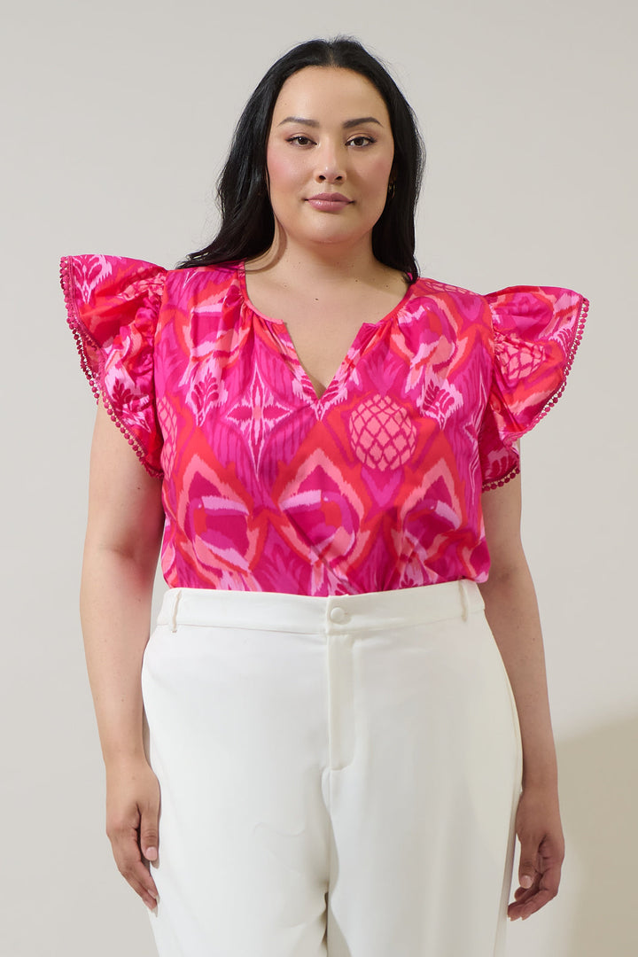 Prissa Ikat Carya Ruffle Poplin Top Curve
