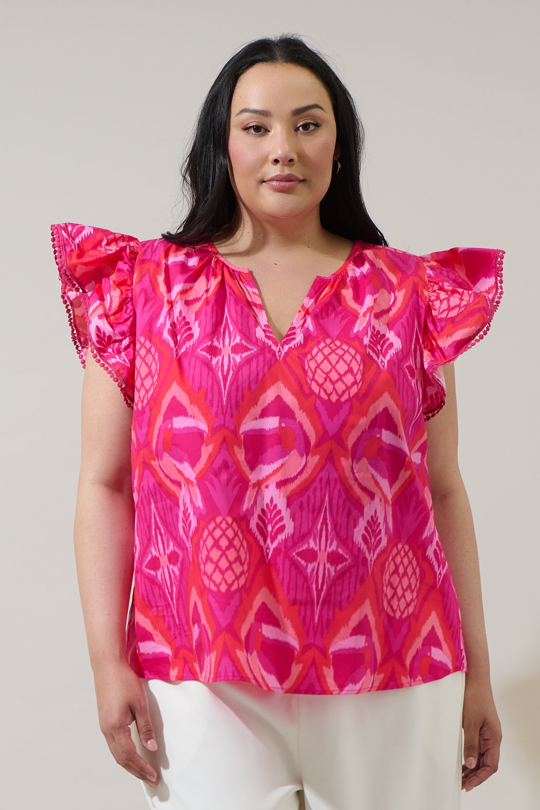 Prissa Ikat Carya Ruffle Poplin Top Curve