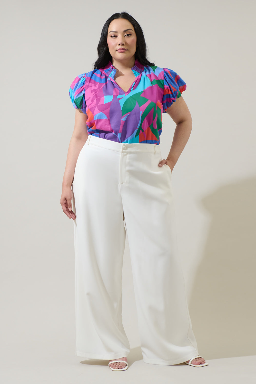 Vemmy Abstract Poly Smocked Top Curve
