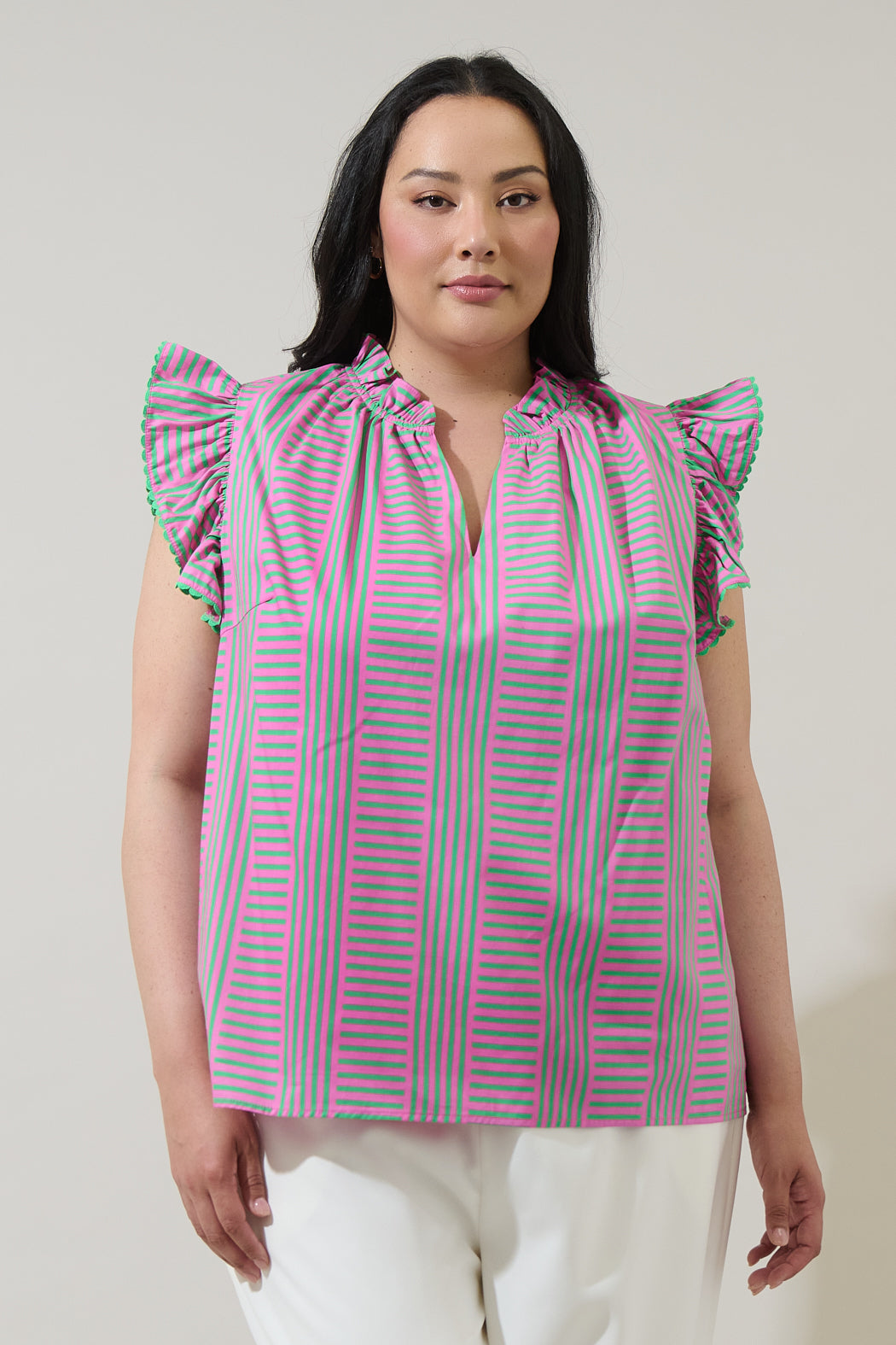 Valda Striped Jazzy Ruffle Top Curve