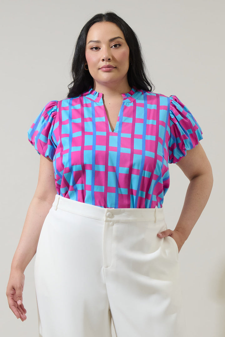 Marvy Checker Kenie Puff Sleeve Top Curve