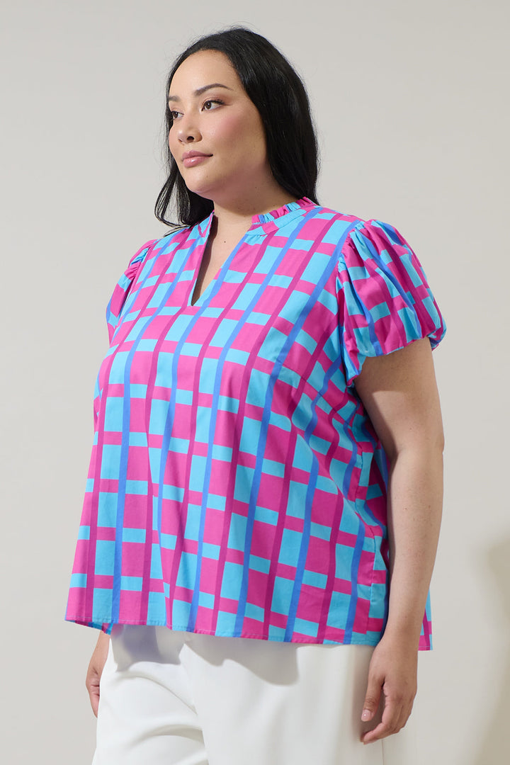 Marvy Checker Kenie Puff Sleeve Top Curve