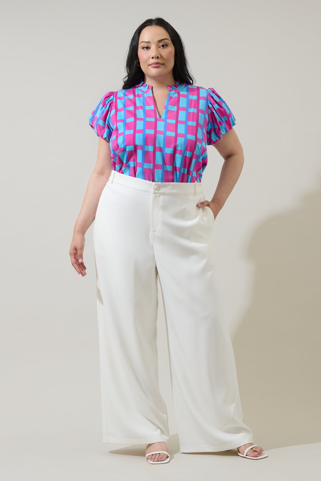 Marvy Checker Kenie Puff Sleeve Top Curve